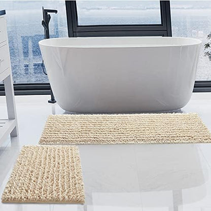 Luxury Chenille Cream Bathroom Rugs Sets 2 Piece, Thickened Hot Melt Rubber Bottom Bath Mats for Bathroom Non Slip,Bath Rugs Quick Dry Machine Washable for Shower Mat (47"x17"+17"x24")