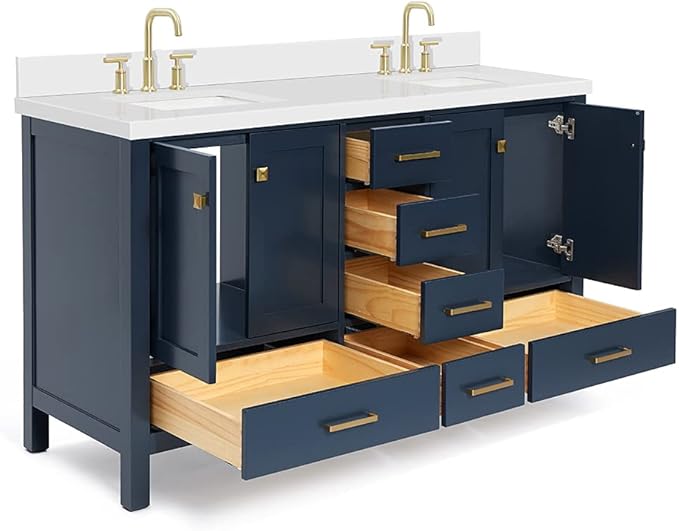 ARIEL Cambridge 60-inch Bathroom Vanity with Sink,Solid Wood, 1.5-inch Pure White Quartz Countertop, Double Rectangular Porcelain Sink, 4 Soft Closing Doors, 6 Dovetail Drawers, Midnight Blue