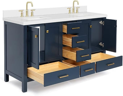 ARIEL Cambridge 60-inch Bathroom Vanity with Sink,Solid Wood, 1.5-inch Pure White Quartz Countertop, Double Rectangular Porcelain Sink, 4 Soft Closing Doors, 6 Dovetail Drawers, Midnight Blue