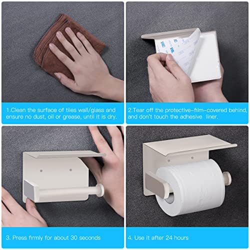 VAEHOLD Self Adhesive Toilet Paper Holder with Phone Shelf SUS 304 Stainless Steel Wall Mounted Toilet Paper Roll Holder - Rustproof and Bathroom Washroom Tissue Roll Holder with Shelf -Beige