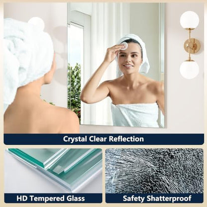 30 x 36 Inch Frameless Wall Mirror Tempered Glass Rectangle Bathroom Vanity Mirror Polished Edge Dual Hanging Style Silver Home Deco