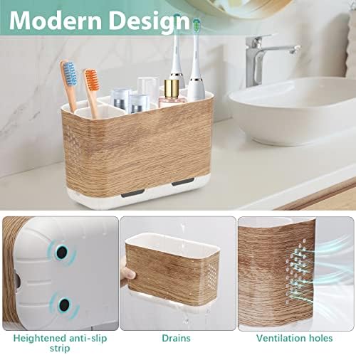 Boperzi Toothbrush and Toothpaste Holder Wood Grain for Bathroom Countertop with Adjustable Dividers, Toothpaste Caddy Organizer Storage Rustic Decor Set Freestanding Anti-Slip for Shower,Family,Kids