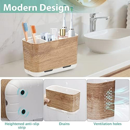 Boperzi Toothbrush and Toothpaste Holder Wood Grain for Bathroom Countertop with Adjustable Dividers, Toothpaste Caddy Organizer Storage Rustic Decor Set Freestanding Anti-Slip for Shower,Family,Kids