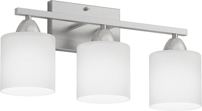 Bathroom Lighting Fixtures Over Mirror Brushed Nickel, Anti-Rust 3-Light Bathroom Vanity Lights, Modern 18Inches Wall Sconces E26 Base, Milky White Glass Shades, Bulbs Not Included