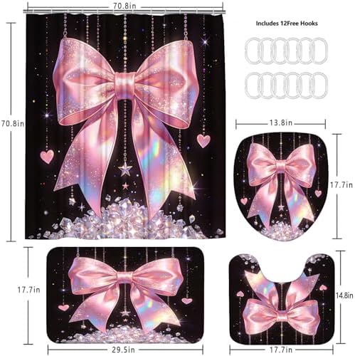AZHM 4pcs Diamond Bow Bathroom Shower Curtain Set with Rugs and Accessories