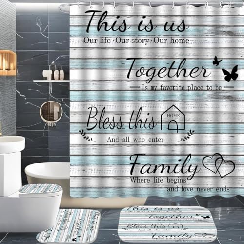 4Pcs Family Shower Curtain Sets with Non-Slip Rugs