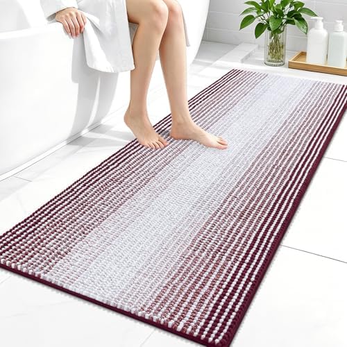 OLANLY Bathroom Runner Rugs 47x24, Chenille Striped Bath Rugs, Burgundy