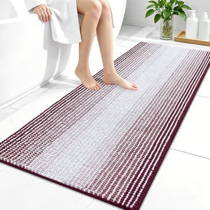 OLANLY Bathroom Runner Rugs 47x24, Chenille Striped Bath Rugs, Burgundy