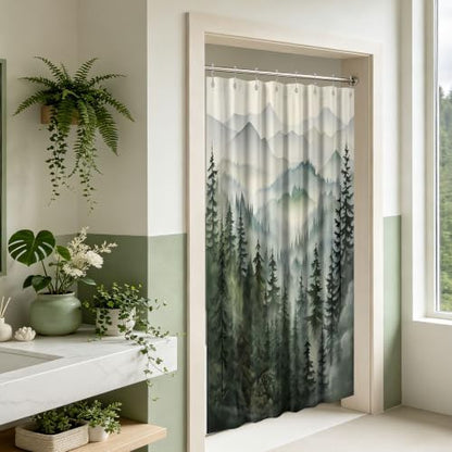 Sage Green Forest Stall Shower Curtain, 47X64 in Narrow Small, Mountain