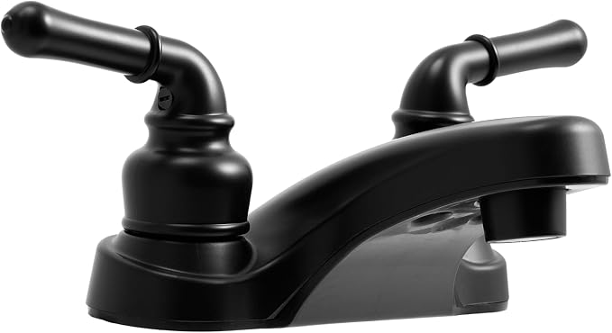 Dura Faucet DF-PL700C-MB RV Two Handle Bathroom Sink Faucet (Matte Black) | Two-hole drop-in design for standard camper sinks; drip-resistant cartridge control.