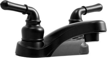 Dura Faucet DF-PL700C-MB RV Two Handle Bathroom Sink Faucet (Matte Black) | Two-hole drop-in design for standard camper sinks; drip-resistant cartridge control.