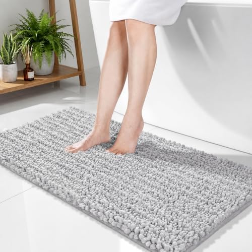 Disolla Silver Bathroom Rug 24x44 Inch - Thick Chenille Bath Mat, Large Shaggy Plush Absorbent Rug, Non-Slip Machine Washable Floor Mat for Double Vanity