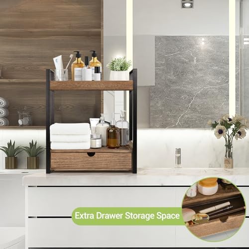 Ukonvi 2-Tier Bathroom Organizer Countertop with Drawer, Wood Counter Shelf for Storage, Vanity Tray for Organization and Decor, Countertop Organizer for Bathroom, Kitchen, Office (Dark Brown)