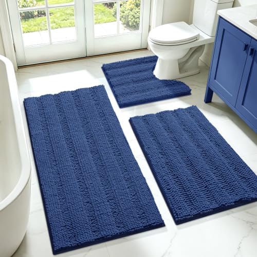 Striped Denim Blue Bathroom Rug Set 3 Pieces Ultra Soft, Non Slip Chenille Bath Carpet, Absorbent Plush Shaggy Bath Mats for Bathroom, Toilet, Bedroom, Kitchen