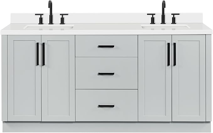 ARIEL Loren 72-inch Bathroom Vanity with Sink,Solid Wood, 1.5-inch Pure White Quartz Countertop, Double Rectangular Porcelain Sink, 4 Soft Closing Doors, 3 Dovetail Drawers, Grey
