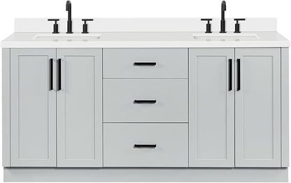 ARIEL Loren 72-inch Bathroom Vanity with Sink,Solid Wood, 1.5-inch Pure White Quartz Countertop, Double Rectangular Porcelain Sink, 4 Soft Closing Doors, 3 Dovetail Drawers, Grey