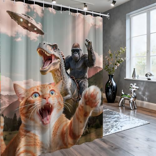Extra Tall Shower Curtain XL Fun Cat Dinosaur, 70 x 78 Inchs