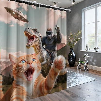 Extra Tall Shower Curtain XL Fun Cat Dinosaur, 70 x 78 Inchs
