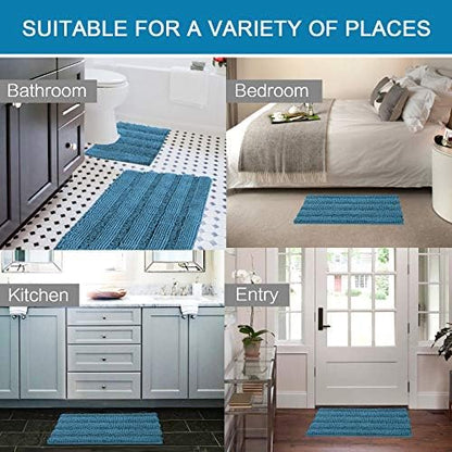 H.VERSAILTEX Bathroom Rugs Bath Rug Set 2 Piece Bathroom Contour Rug Toilet Mat Sets Non Slip Contour Bath Rug Ultra Thick Water Absorbent Striped Bath Mats(20" x 32" Plus 20" x 20" U, Turquoise Blue)