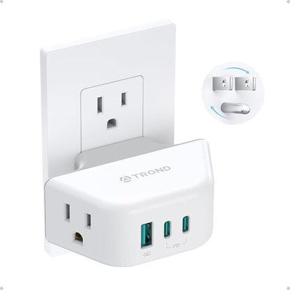 TROND Outlet Extender with 360 Rotating Plug, PD 20W USB C | 2 AC Outlet Splitter, 3-Side Design Wall Plug Adapter, for Bathroom Kitchen Cruise Ship Travel Essentials, White