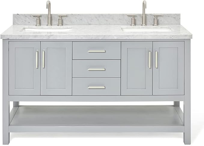 ARIEL Magnolia 60-inch Bathroom Vanity with Sink,Solid Wood, 1.5-inch Italian Carrara Marble Countertop, Double Rectangular Porcelain Sink, 4 Soft Closing Doors, 3 Dovetail Drawers, Grey