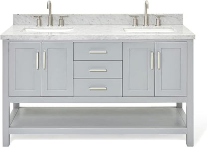 ARIEL Magnolia 60-inch Bathroom Vanity with Sink,Solid Wood, 1.5-inch Italian Carrara Marble Countertop, Double Rectangular Porcelain Sink, 4 Soft Closing Doors, 3 Dovetail Drawers, Grey