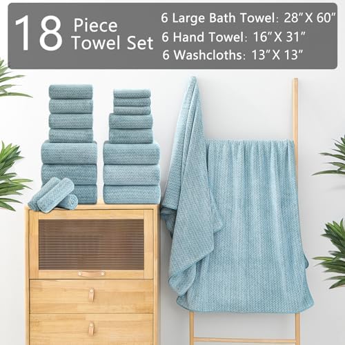 18 Piece Bath Towels Set,100% Microfiber Family Bathroom Towel with Hanging Loops-6 Bath Towels,6 Hand Towels,6 Washcloths,Quick Dry Highly Absorbent Shower Towel for Bathroom,Hotel,Spa-Turquoise