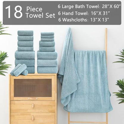 18 Piece Bath Towels Set,100% Microfiber Family Bathroom Towel with Hanging Loops-6 Bath Towels,6 Hand Towels,6 Washcloths,Quick Dry Highly Absorbent Shower Towel for Bathroom,Hotel,Spa-Turquoise