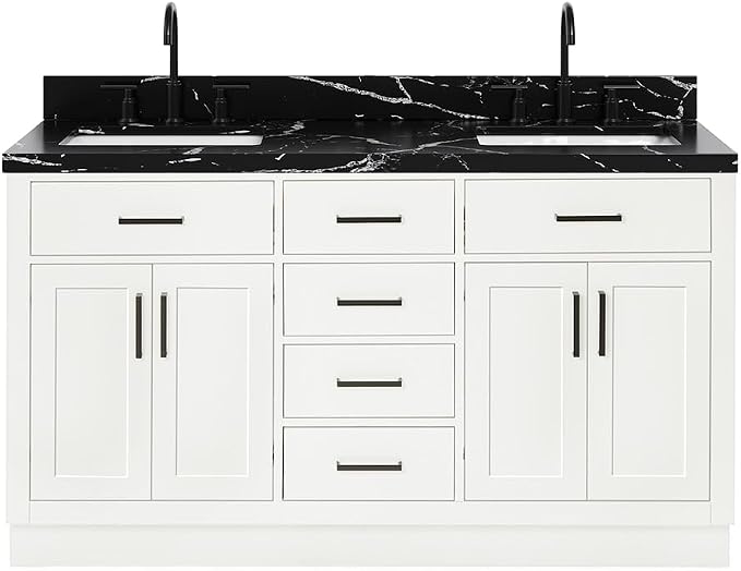 ARIEL Hepburn 60 Inch Double Rectangle Sink Bathroom Vanity with Nero Marquina Black Quartz Countertop 1.5 Inch in White