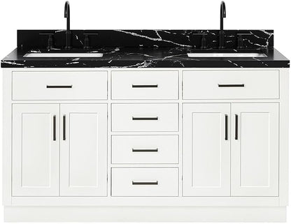 ARIEL Hepburn 60 Inch Double Rectangle Sink Bathroom Vanity with Nero Marquina Black Quartz Countertop 1.5 Inch in White