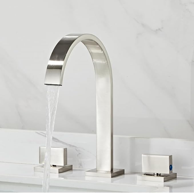 Bathroom Faucet Waterfall, Double Handle, Faucets for Sink Splashback Modern Vanity 3 Holes-Gold(Drawing)