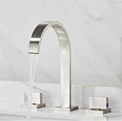 Bathroom Faucet Waterfall, Double Handle, Faucets for Sink Splashback Modern Vanity 3 Holes-Gold(Drawing)