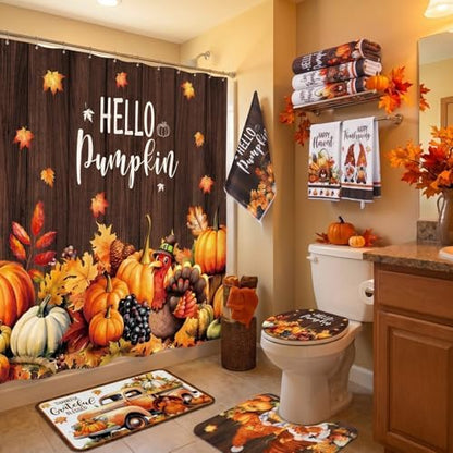 Honoson 8 Pcs Fall Shower Curtain Set Pumpkin Bathroom Decor