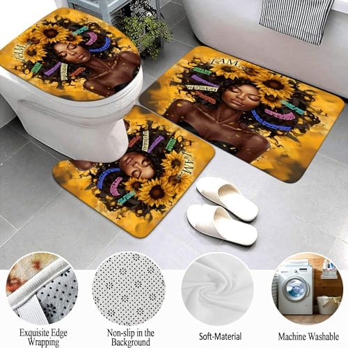 4 Pcs Sunflower Black Girl Shower Curtain Sets, Inspirational Words African Queen Bathroom Sets with Shower Curtain and Rugs Toilet Lid Cover Bath Mat, Soft Fabric Shower Curtains with Hooks
