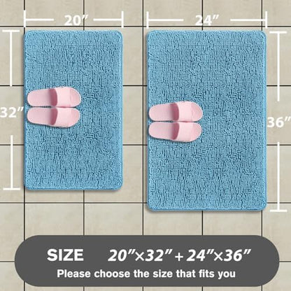 Sky Blue Bathroom Rugs Sets 2 Piece – Absorbent and Washable Bath Mat, Non-Slip, Thick Soft Chenille Bath Rugs for Bathroom Floor, Shower, Sink - 20" x 32"+24" x 36"