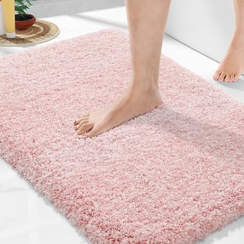 Yimobra Bath Rugs For Bathroom 32X20, Ultra Soft and Water Absorbent Bath Mats, Non Slip Plush Shower Mat Outside, Microfiber Thick Matts for Bathroom Floor/Tub, Machine Washable, Light Pink and White