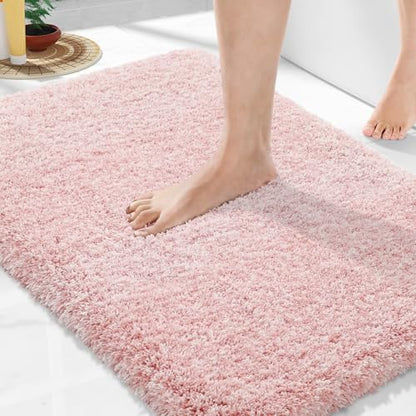 Yimobra Bath Rugs For Bathroom 32X20, Ultra Soft and Water Absorbent Bath Mats, Non Slip Plush Shower Mat Outside, Microfiber Thick Matts for Bathroom Floor/Tub, Machine Washable, Light Pink and White