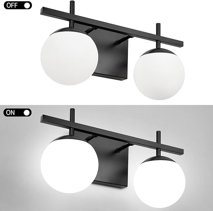 Bathroom Light Fixtures Over Mirror, Black Vanity Lights for Bathroom with White Frosted Glass, 2-Light Modern Vanity Lighting Fixtures Globe Sconces Wall Light for Bedroom Living Room Cabinet