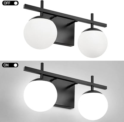 Bathroom Light Fixtures Over Mirror, Black Vanity Lights for Bathroom with White Frosted Glass, 2-Light Modern Vanity Lighting Fixtures Globe Sconces Wall Light for Bedroom Living Room Cabinet