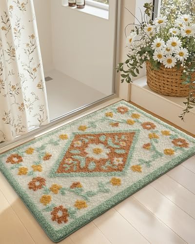 DEXI Boho Floral Bathroom Rug 43x24, Diamond Green Leaf Bath Mats Non Slip