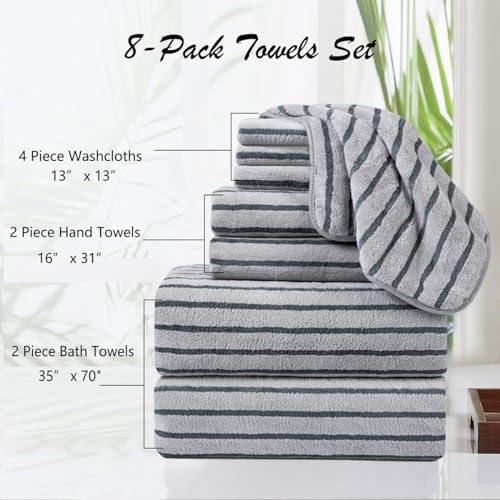8 Pcs Gray Cabana Stripe Large Bath Towel Set-2 Bathroom Towels,2 Hand Towels,4 Washcloths Lightweight Soft Microfiber Bath Sheet Absorbent Shower Towel Quick Dry Beach Chair Spa Gym Hotel Towels