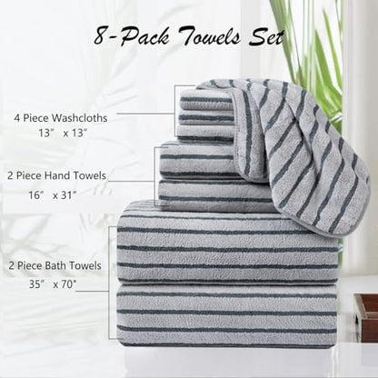 8 Pcs Gray Cabana Stripe Large Bath Towel Set-2 Bathroom Towels,2 Hand Towels,4 Washcloths Lightweight Soft Microfiber Bath Sheet Absorbent Shower Towel Quick Dry Beach Chair Spa Gym Hotel Towels
