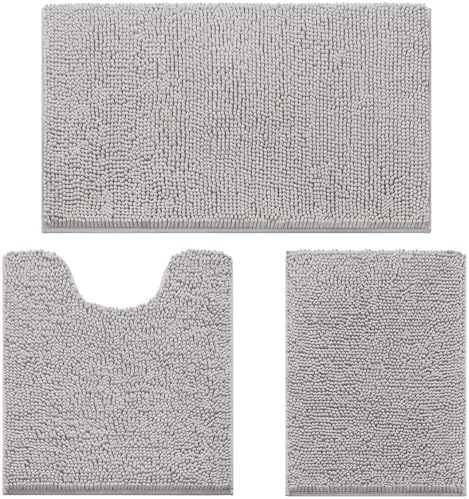 HOMEIDEAS Light Grey Chenille Bathroom Rugs Set of 3, Non Slip Bath Mat