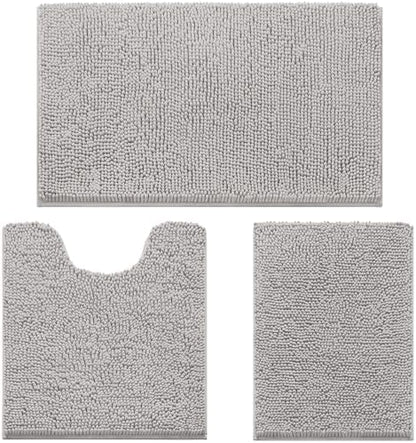 HOMEIDEAS Light Grey Chenille Bathroom Rugs Set of 3, Non Slip Bath Mat