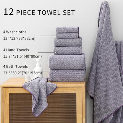 Ultra Soft Bath Towel Set,12 Piece (4 Bath Towels,4 Hand Towels,4 Washcloths) Family Bathroom Towels Set with Hanging Loop,Quick Dry Extra Absorbent Shower Towel for Bathroom,Hotel,Spa-Dark Purple