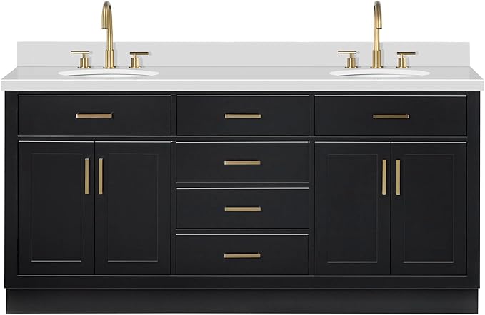 ARIEL Hepburn 72-inch Bathroom Vanity with Sink,Solid Wood, 1.5-inch Pure White Quartz Countertop & Backsplash, Double Oval Porcelain Sink, 4 Soft Closing Doors, 6 Dovetail Drawers, Black