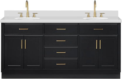 ARIEL Hepburn 72-inch Bathroom Vanity with Sink,Solid Wood, 1.5-inch Pure White Quartz Countertop & Backsplash, Double Oval Porcelain Sink, 4 Soft Closing Doors, 6 Dovetail Drawers, Black