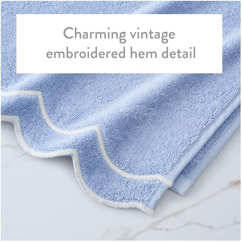 Peri Home 2 Piece Cotton Bath Towel Set, Embroidered, Blue, White Scallop