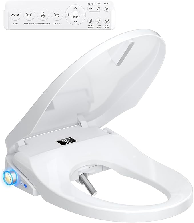 Bidet Toilet Seat Elongated, Electric Heated Seat with Instant Warm Water, Remote & Side Knob Control, Self-Clean Nozzle, Soft Close Lid, Night Light, Warm Air Dryer