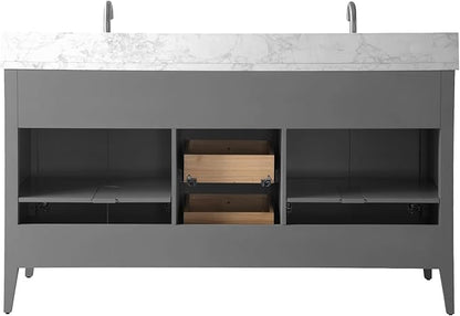 Vanity Art 60 inch Bathroom Vanity with Double Sink & Ceramic Top, Vanity Cabinet with Soft-Closing Door, Solid Wood Frame, Linear Pattern, Cashmere Gray, Golden Brushed Handware VA9160-DG-GB